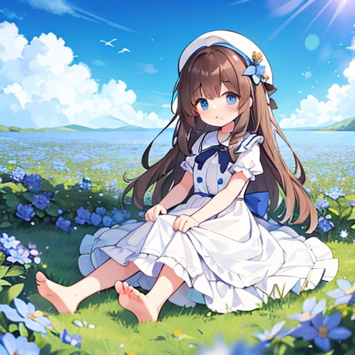1 girl, white frill dress, blue flower field, sunlight, blue sky, summer, white beret, brown hair, blue eyes, princess long hair, short height, she sits barefoot on flowers,