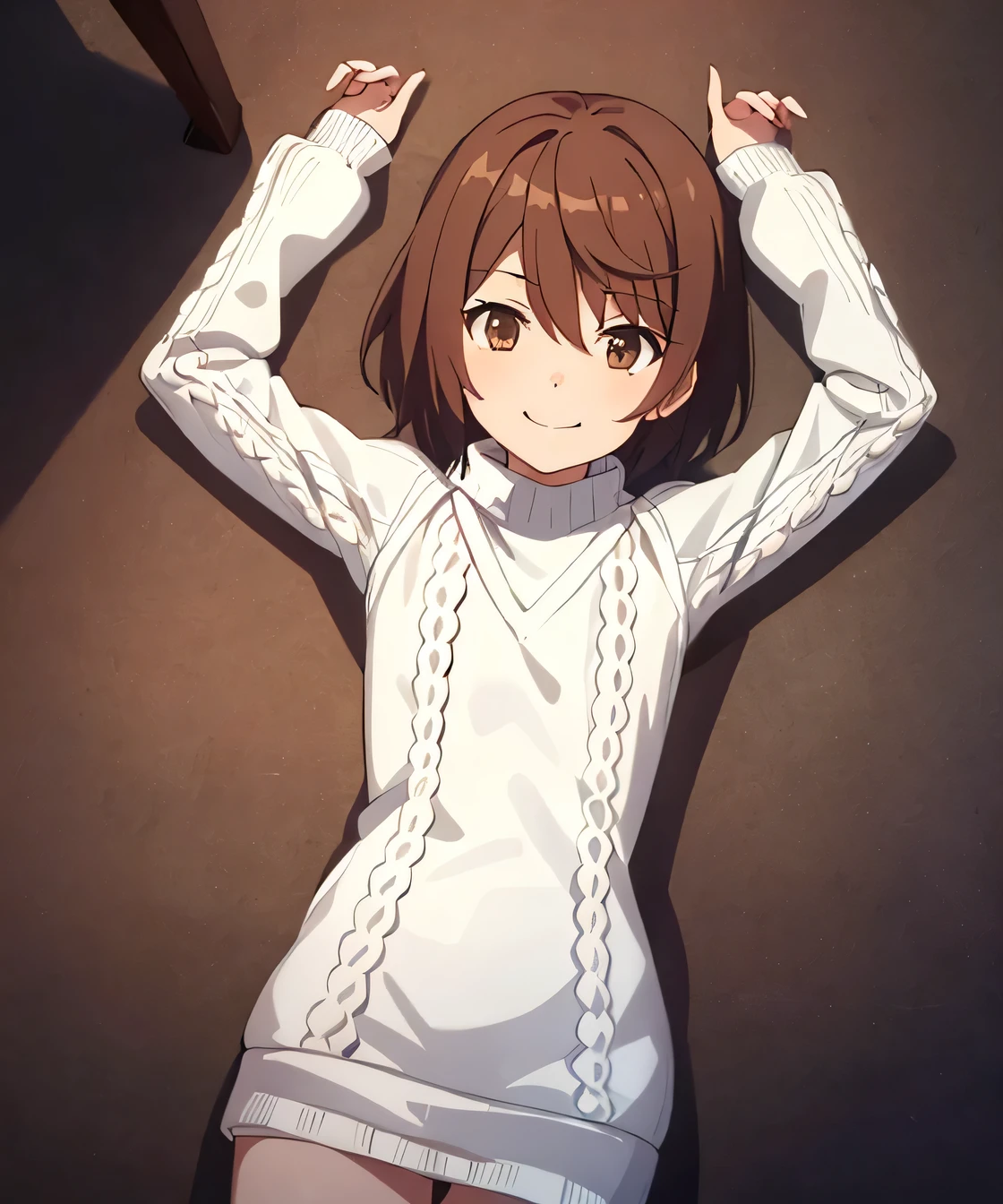 1girl, (shapely body), solo, hdr, saiai kinuhata, solo, short hair, brown hair, brown eyes, jewelry, sweater, solo focus, solo, lying, on back, arms up, spread arms, closed mouth, smile, (cowboy shot:1.5), looking at viewer, v, white sweater, sweater dress, flat chest,