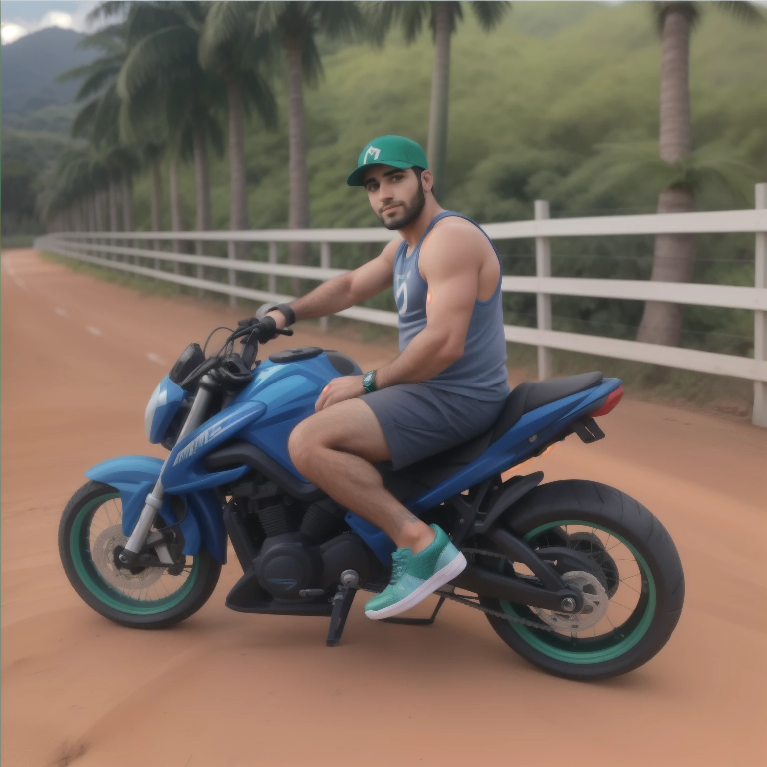 Um homem, alta qualidade, melhor qualidade, em uma moto parado, with blue sneakers with white soles, plano de fundo um campo verde com palmeiras.