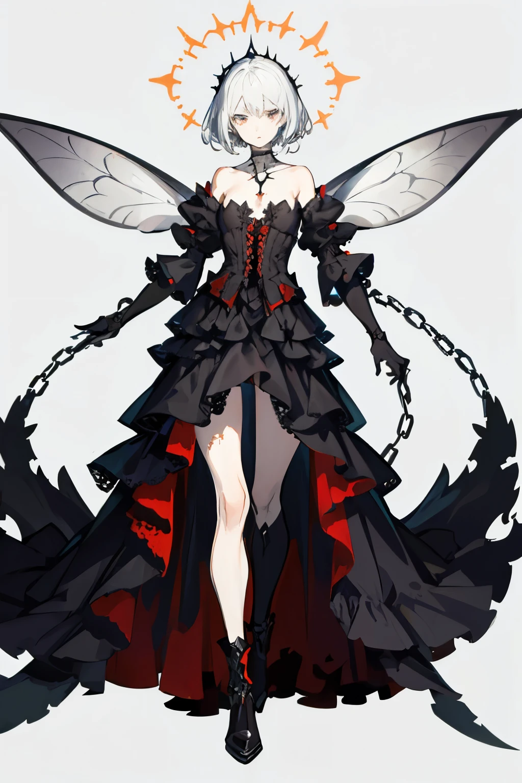 ((best quality)), ((masterpiece)), (detailed), 1girl, Character design, female, dynamic poses, long white grey hair, grey white eyes, very skinny, detailed, best quality, no accesoires around the neck, no shoes, prominent collarbones, skinny arms, flat stomach, visible hip bones, full body, blank white background, plain background, white background, red and white clothing, Bloodborne inspired, occult aesthetic, occult, detailed and intricate steampunk and detailed gothic, NSFW, Very dramatic and cinematic lighting, cosmic horror, grim-dark, side-lighting, perfect face, NSFW, Fluttering lace flared long knee length dress with frilly petticoats, knee length dress, pleated petticoats, petticoats gothic, complex lace boots, side-lighting, gothic aesthetic, wielding a mighty sword with mechanical components, mandalas, small breasts, a fairy, various different types of insect wings, NSFW, full body, whole body, body, plain background, white background, blank background, no background, white background NSFW, chains, full body, whole body, head-to-toe NSFW