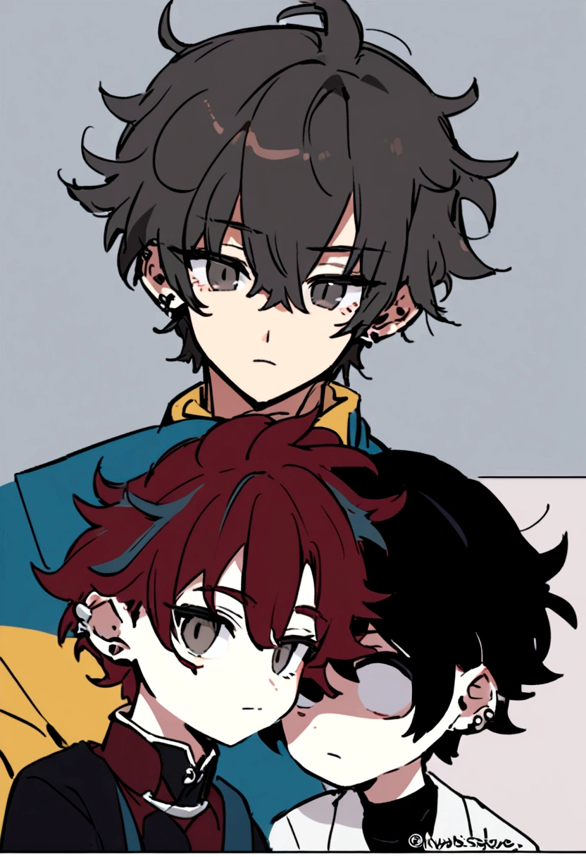 A handsome young man,with messy hair and beautiful black tired eyes that has long eyelashes and with ear piercings