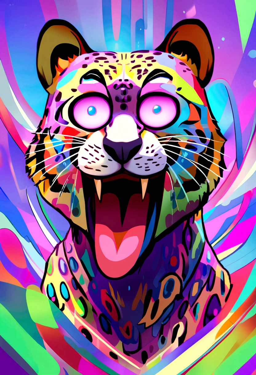 Leopard man, hypnotized with glowing purple eyes, tongue out, in Pixar style