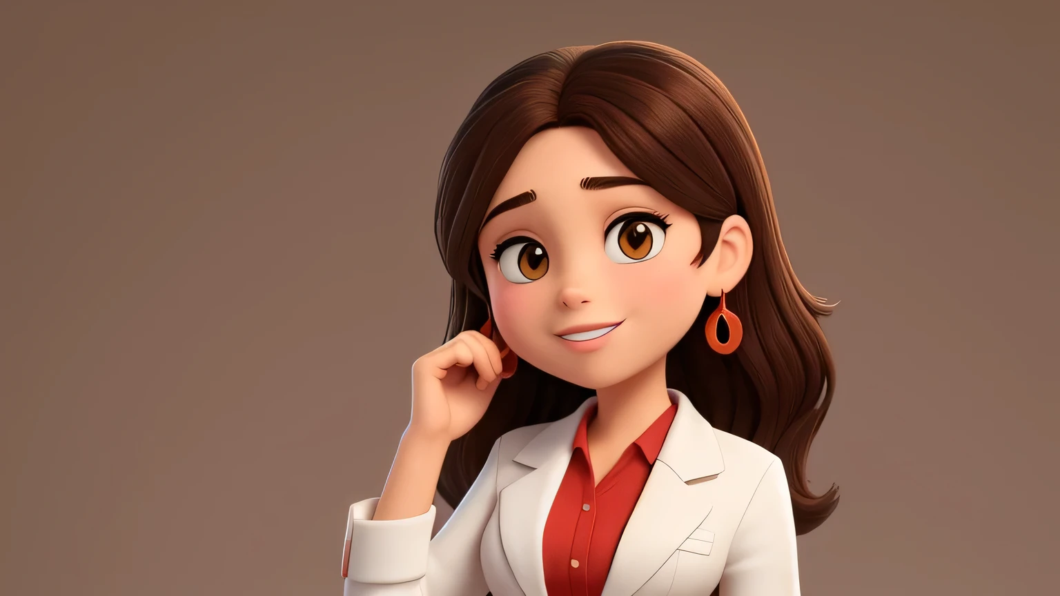 A 35-year-old woman, with long brown-black hair, round face, small cheeks, charming smile, and brown eyes, holding a cell phone close to her ear, white background, looking at the camera, red shirt and white blazer on top