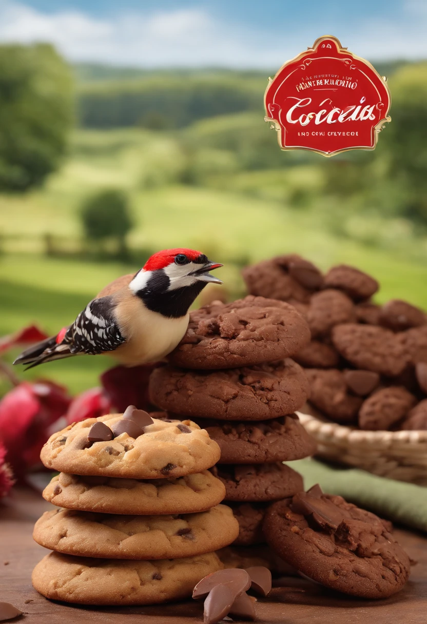 Biscoitos Cookies com gotas de chocolate (doce de leite), realista, in the background a woodpecker bird(woodpecker)(red bird), (bird pica paur, red bird), cookies a frente (fundo um pica pau(red woodpecker), bird, 4k, high resolution, biscoitos cookies, scenario (pica pau ao fundo, natureza), realista, Photo by the best photographer in the world, zoom. Grade, rustic cookies, cookies gotas de chocolate, nozes 