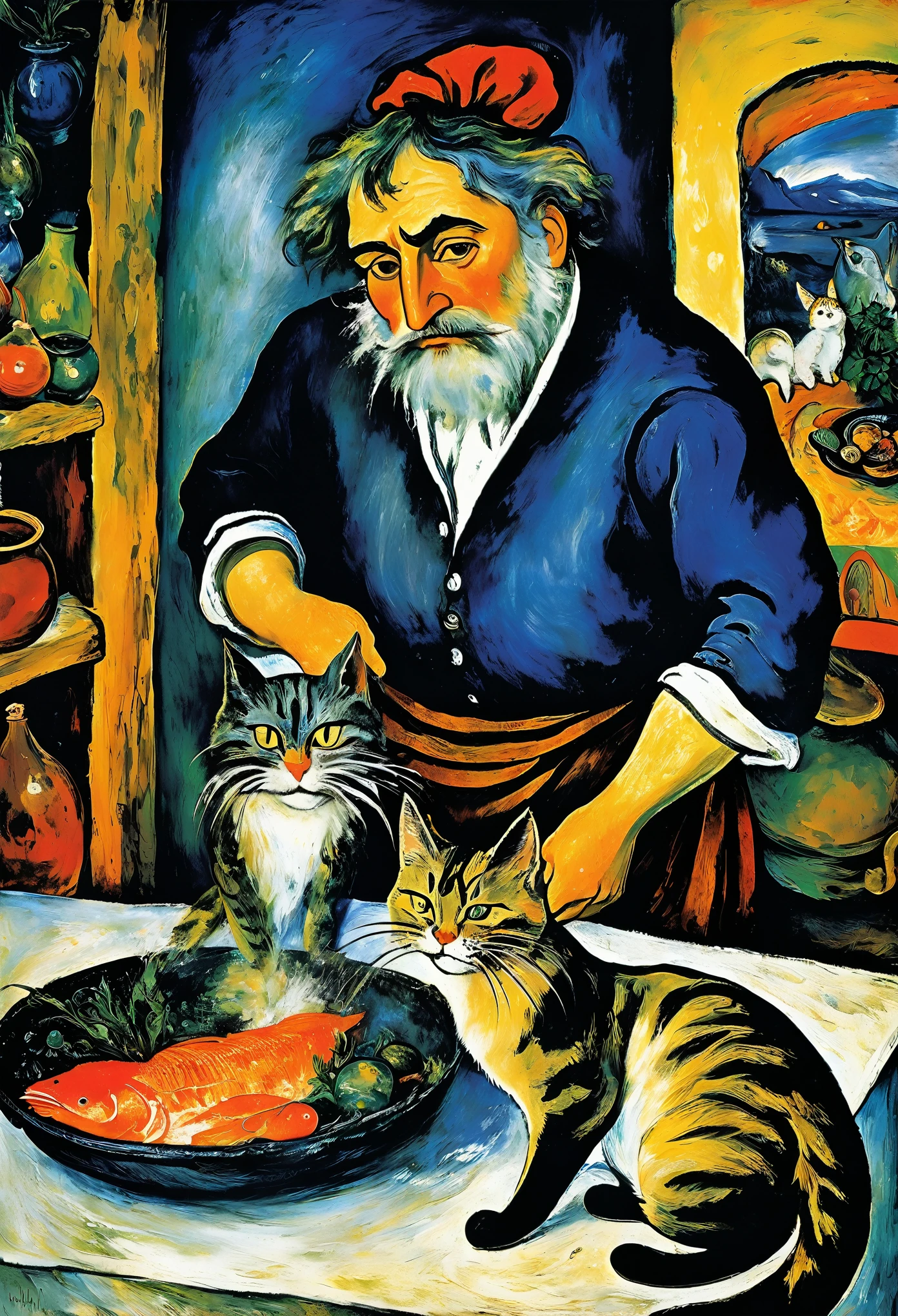 [dramatic scene]: [(((face with an emotion of disgust!!!))) (((furrowed brows))) the cook cleans the fish with a look Full of disgust] looks at the impudent cat ((Mordecai-Ardon / Marc Chagall  style!)), magical naive art, primitivism, protogen, ((Best quality, masterpiece)),
((((Highest detail), Impressionism:1,1, 8K