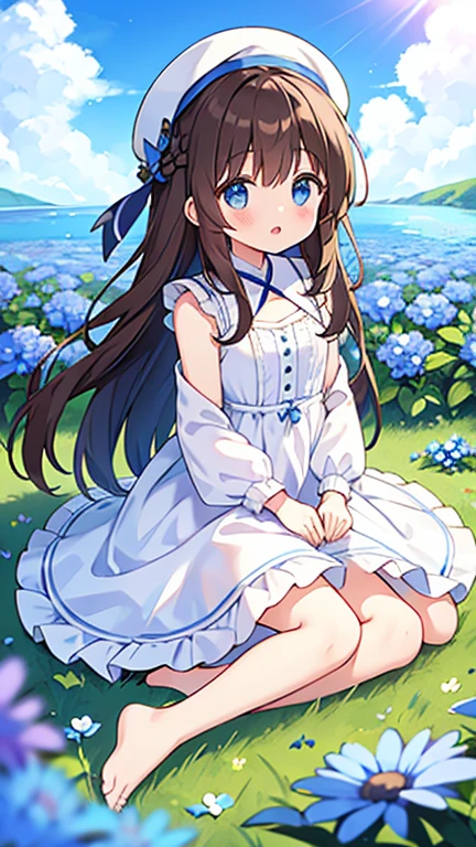 1 girl, white frill dress, blue flower field, sunlight, blue sky, summer, white beret, brown hair, blue eyes, princess long hair, short height, she sits barefoot on flowers,