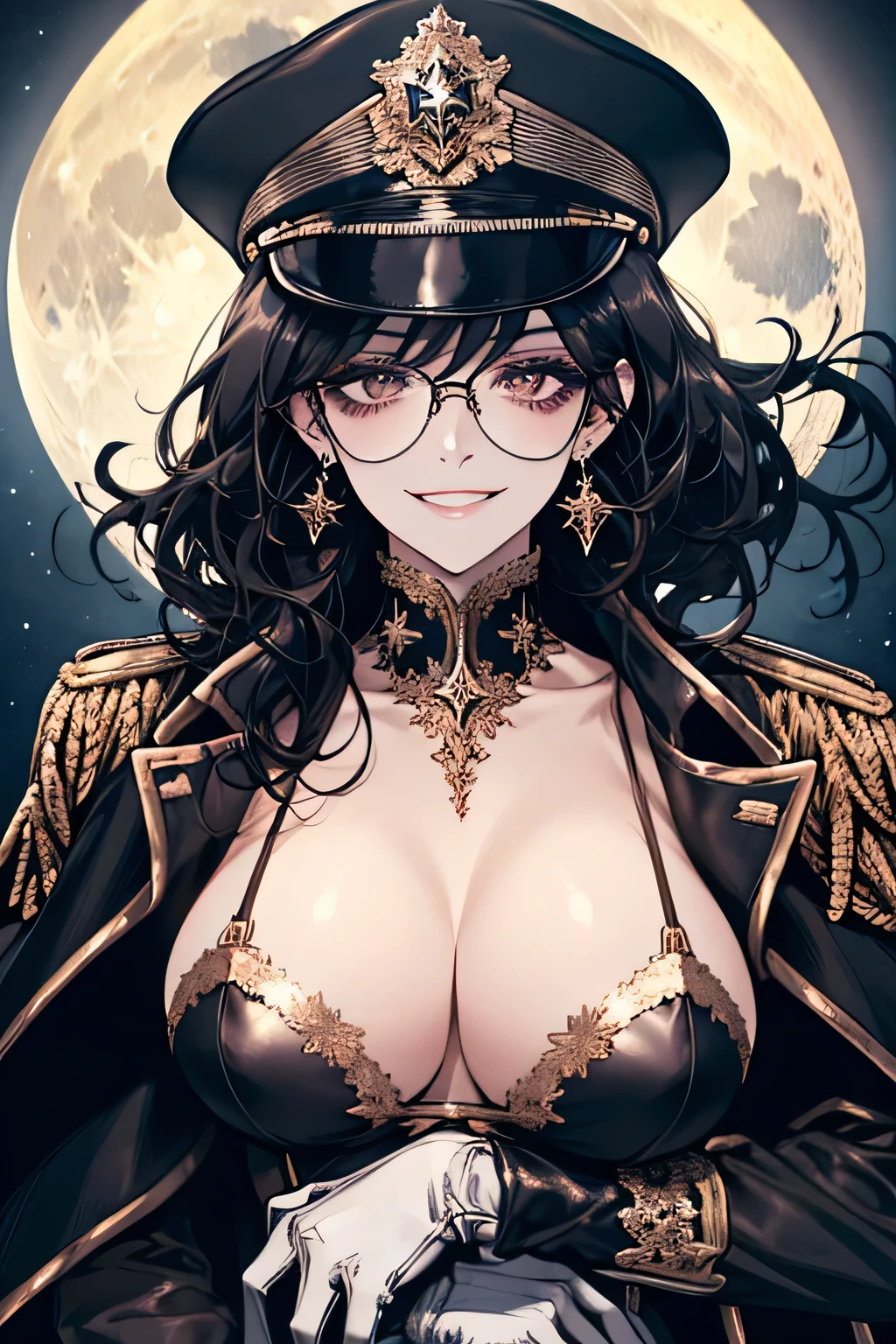 ( Detailed Description, High resolution，8k wallpaper，, masterpiece，highest quality,Depth of region)，Chest and face shot.                                                                     Beautiful young woman、so beautiful、Anatomically accurate depiction，Black Hair，Facial details、Glasses、Gold earrings in the ears，(Provocative smile),（She is wearing a black military cap..，Black military jacket、Black Leather Gloves）、(Big Breasts)、Cleavage，Accurate hand drawing.                          Full moon in the background，night，tank.