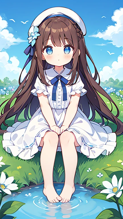 1 girl, white frill dress, blue flower field, sunlight, blue sky, summer, white beret, brown hair, blue eyes, princess long hair, short height, she sits barefoot on flowers,