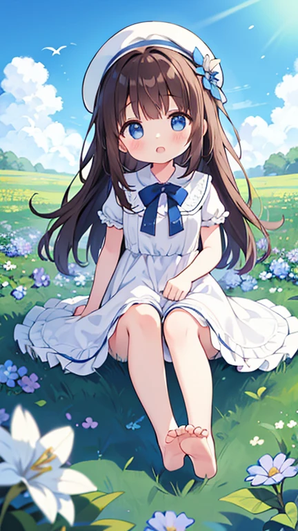 1 girl, white frill dress, blue flower field, sunlight, blue sky, summer, white beret, brown hair, blue eyes, princess long hair, short height, she sits barefoot on flowers,