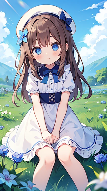 1 girl, white frill dress, blue flower field, sunlight, blue sky, summer, white beret, brown hair, blue eyes, princess long hair, short height, she sits barefoot on flowers,