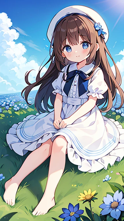 1 girl, white frill dress, blue flower field, sunlight, blue sky, summer, white beret, brown hair, blue eyes, princess long hair, short height, she sits barefoot on flowers,