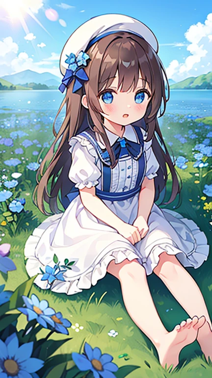 1 girl, white frill dress, blue flower field, sunlight, blue sky, summer, white beret, brown hair, blue eyes, princess long hair, short height, she sits barefoot on flowers,