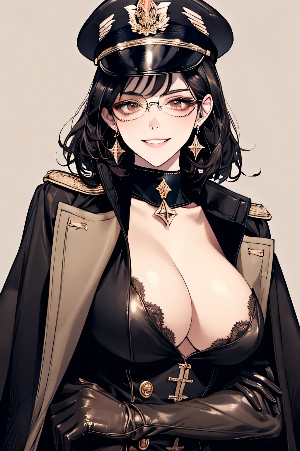 ( Detailed Description, High resolution，8k wallpaper，, masterpiece，highest quality,Depth of region)，Chest and face shot.                                                                     Beautiful young woman、so beautiful、Anatomically accurate depiction，Black Hair，Facial details、Glasses、Gold earrings in the ears，(Provocative smile),（She is wearing a black military cap..，Black military jacket、Black Leather Gloves）、(Big Breasts)、Cleavage，Accurate hand drawing.                          The background is a beige tank，night.