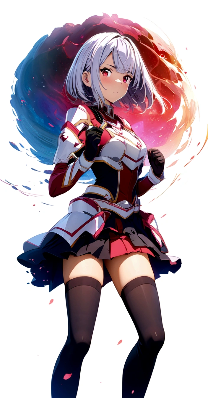 perfect proportion body, sexy, smart, Short Hime Hair Cut, White Hairs, Red Eyes, wearing a handless purple battle cloth with a flowing skirt, long black gloves, and thigh-high stockings, Anime Style, Sword Art Online Art Anime Style, HDR, highly detailed, 8k, masterpiece, digital painting, vibrant colors, dramatic lighting, dynamic composition, intricate details.