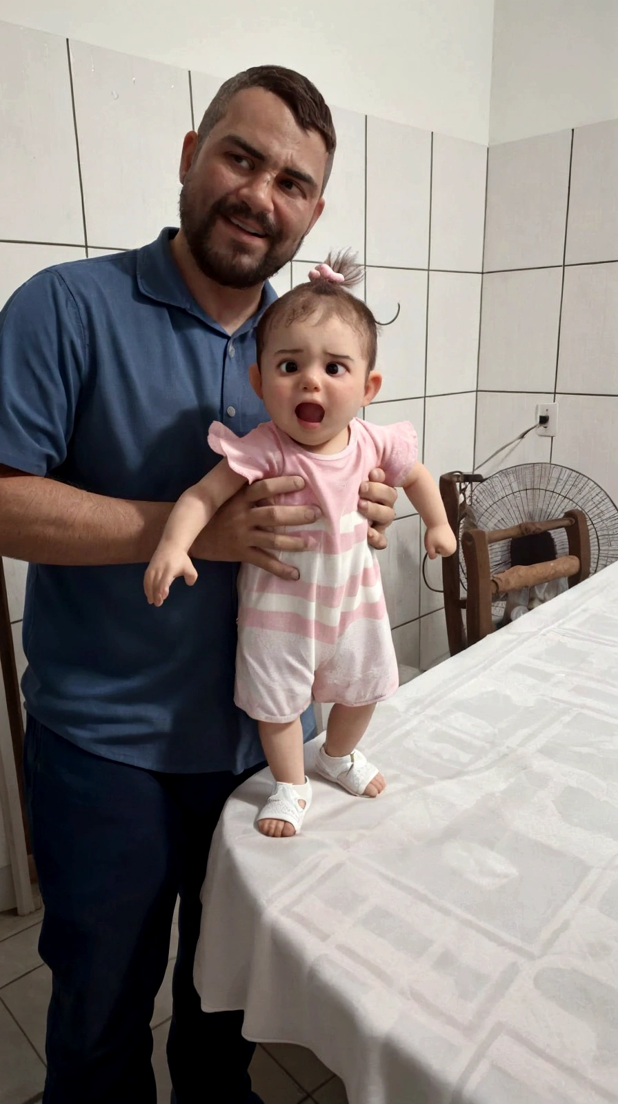 There's a man holding a baby in his arms, , imagem de qualidade alta,