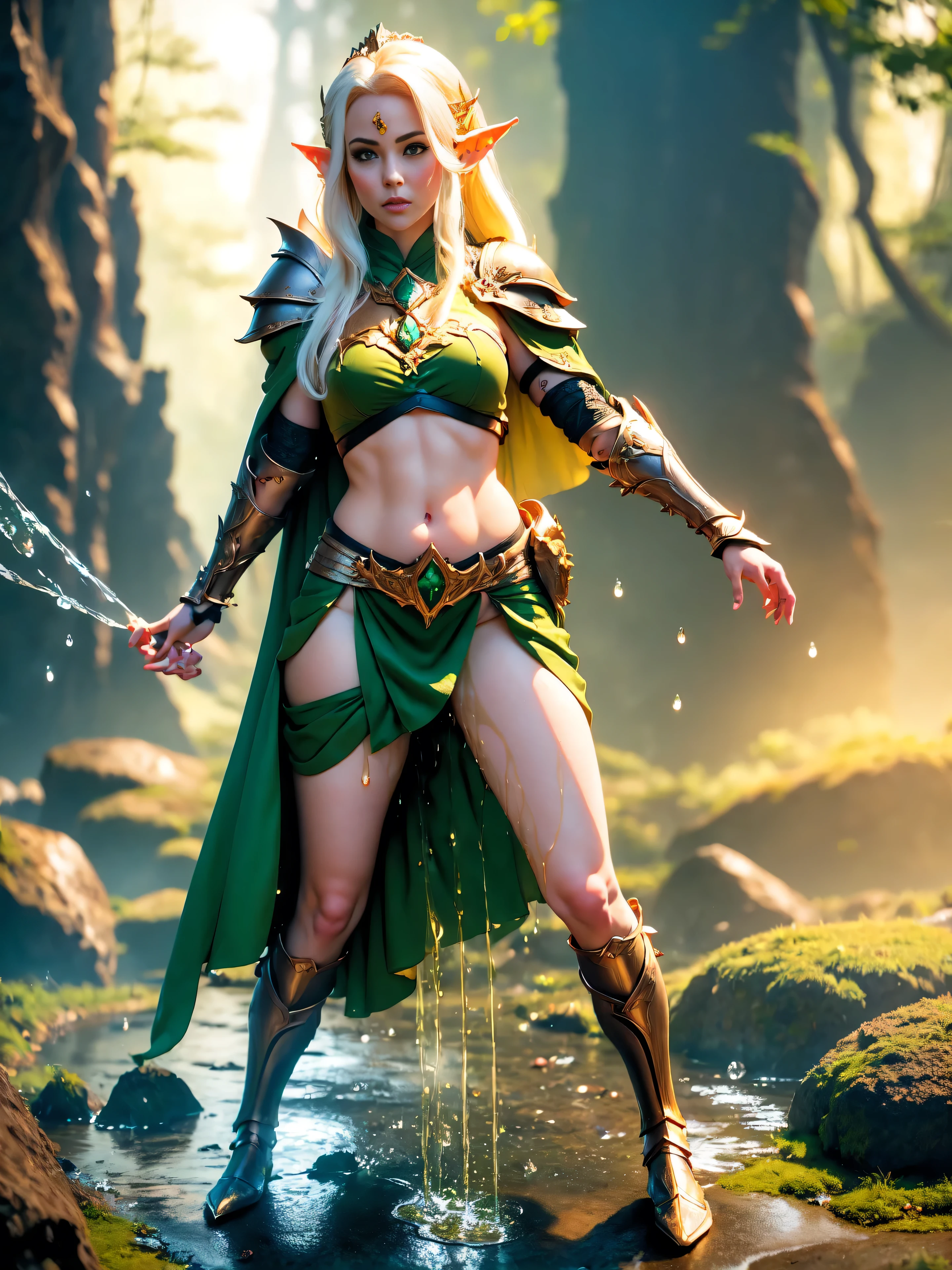 (masterpiece, clean, 8K, high res), pov, from front, full body portrait of a beautiful woman, extremely detailed face, slender body, narrow waist, bright golden hair, small breasts,  wearing intricate green and white armor, (chest armor) , elven torso armor, (green mini skirt), belt, cape, tiara,  , (legs apart), (showing panties:1.1)、(lifted skirt:1.2) , (white panties:1.3),  (standing on a rock: 1.2)、(peeing self:1.3 ), (pee running down legs), wet panties, wet pants, wet. skirt, (pee spray falling between legs:1.1), (pee puddle:0.5 ), (droplets of yellow liquid on thighs and panties:1.3 ), (stream of yellow liquid falling between legs starting at subject crouch) , (super beautiful)、(beautiful face:1.5), sunset lighting, deep shadows, (mountain forest background) ,  an elven ranger with no bladder control 