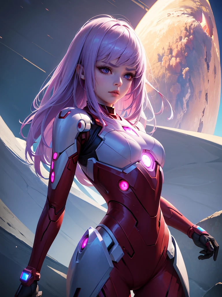 1girl, android girl, iron man futuristic metallic armor, slim body, purple detailed eyes, pink and white hair, extremely detailed face, perfect facial symmetry, perfect body, on unknown planet, in the background futuristic spaceship, looking at the viewer, concept art, digital painting, cinematic lighting, dramatic shadows, vibrant colors, intricate details, hyperrealistic, (best quality,4k,8k,highres,masterpiece:1.2),ultra-detailed,(realistic,photorealistic,photo-realistic:1.37)