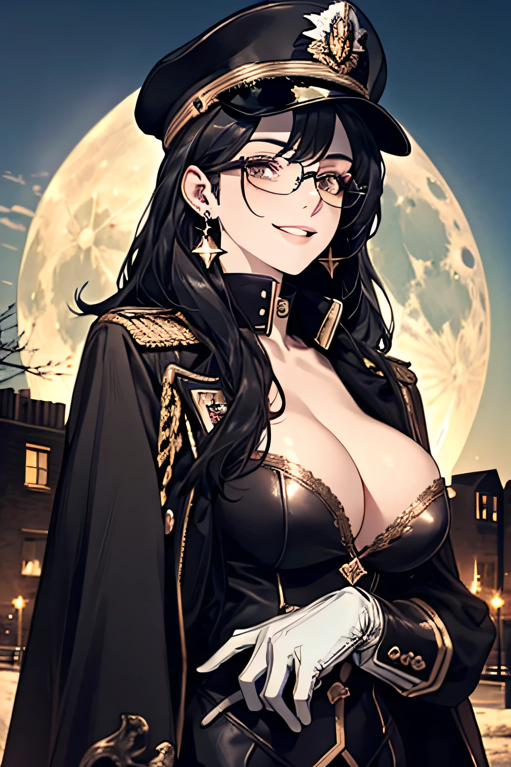 ( Detailed Description, High resolution,8k wallpaper,, masterpiece,highest quality,Depth of region),Chest and face shot. Beautiful young woman、so beautiful、Anatomically accurate depiction,Black Hair,Facial details、Glasses、Gold earrings in the ears,(Provocative smile),(She is wearing a black military cap..,Black military jacket、Black Leather Gloves)、(Big Breasts)、Cleavage,Accurate hand drawing. Full moon in the background,night,building.