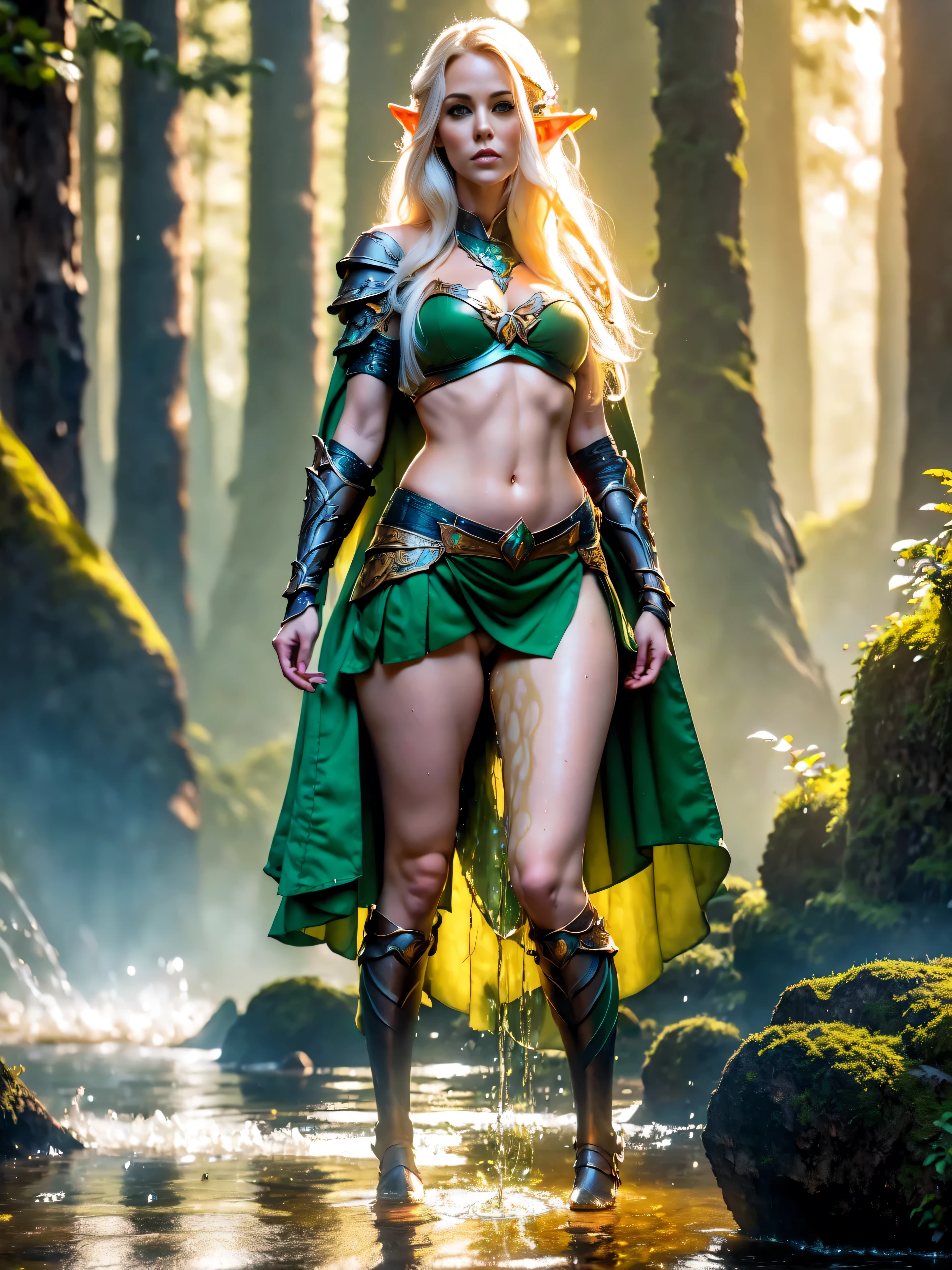 Photorealistic image ((Masterpiece)), ((high quality)) UHD 8K, of a Gorgeous woman, Viking elf warrior, slim, tall, (Long elf ears), (medium chest), (thin waist), (Hair long blonde), (deep blue eyes), ((green Leather armor with short green skirt and intricate details, Various belts at waist)), (Arrow holster at waist), ((fur cape)), (on the forest), Natural lighting, professional DSLR camera