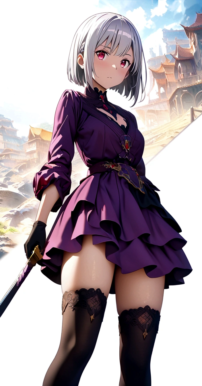 perfect proportion body, sexy, smart, Short Hime Hair Cut, White Hairs, Red Eyes, wearing a handless purple casual cloth with a flowing skirt, long black gloves, and thigh-high stockings, Anime Style, Sword Art Online Art Anime Style, HDR, highly detailed, 8k, masterpiece, digital painting, vibrant colors, dramatic lighting, dynamic composition, intricate details.