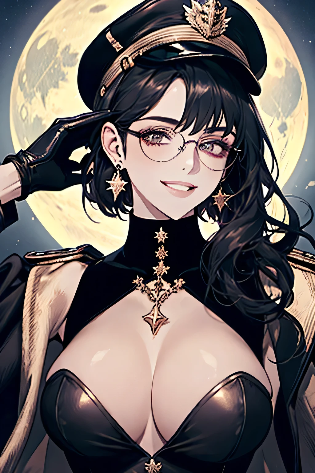 ( Detailed Description, High resolution，8k wallpaper，, masterpiece，highest quality,Depth of region)，Chest and face shot.                                                                     Beautiful young woman、so beautiful、Anatomically accurate depiction，Black Hair，Facial details、Glasses、Gold earrings in the ears，(Provocative smile),（She is wearing a black military cap..，Black military jacket、Black Leather Gloves）、(Big Breasts)、Cleavage，Accurate hand drawing.                          Full moon in the background，night，Barbed.