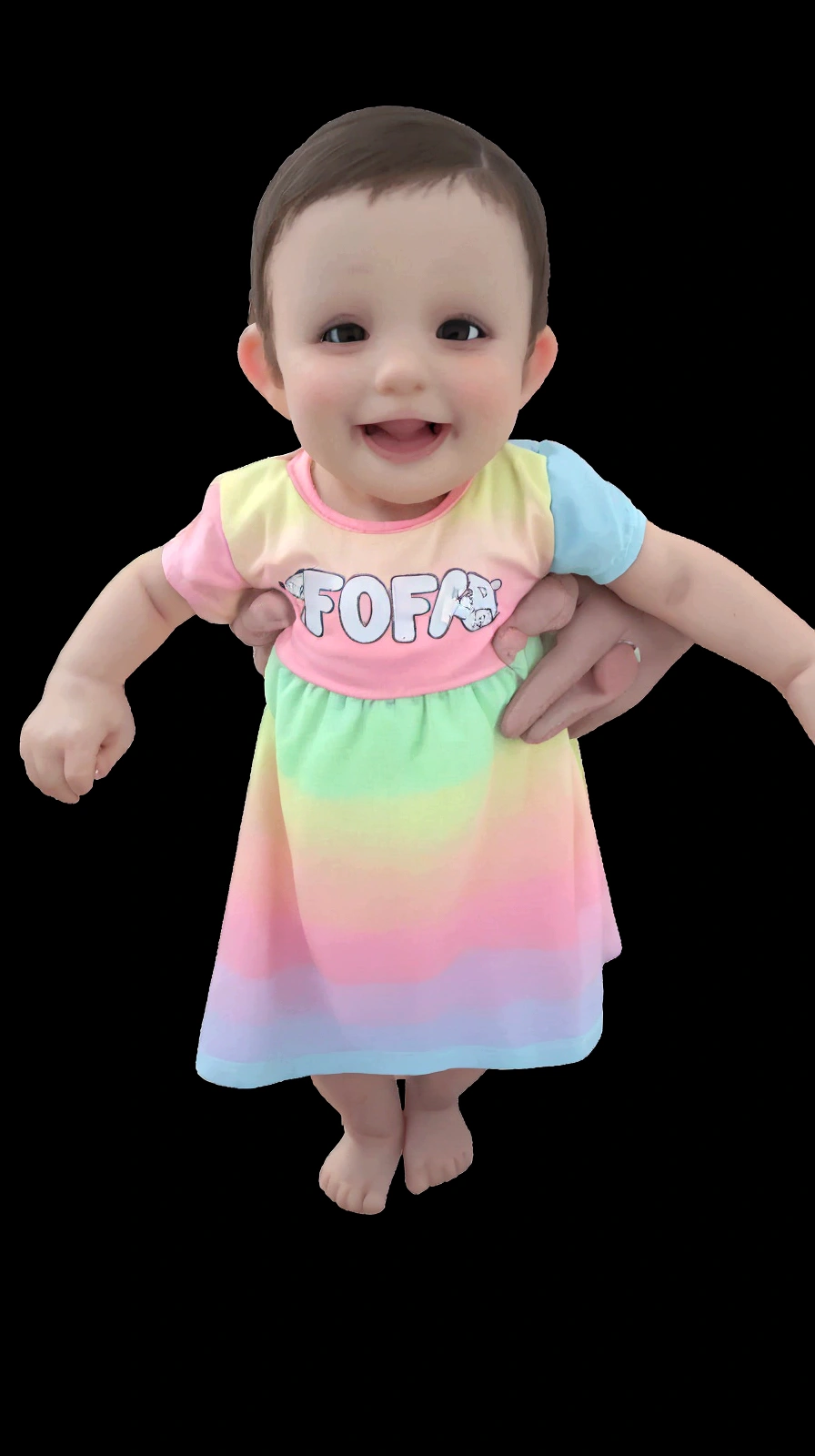 there is a baby that is on a table with a man, cute colorful adorable, she is smiling and excited, ela tem um rosto fofo e expressivo, she is smiling and happy, ela expressando alegria, ela tem um rosto fofo, sorria no rosto dela,