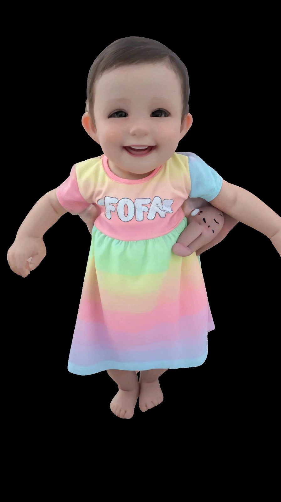 there is a baby that is on a table with a man, cute colorful adorable, she is smiling and excited, ela tem um rosto fofo e expressivo, she is smiling and happy, ela expressando alegria, ela tem um rosto fofo, sorria no rosto dela,