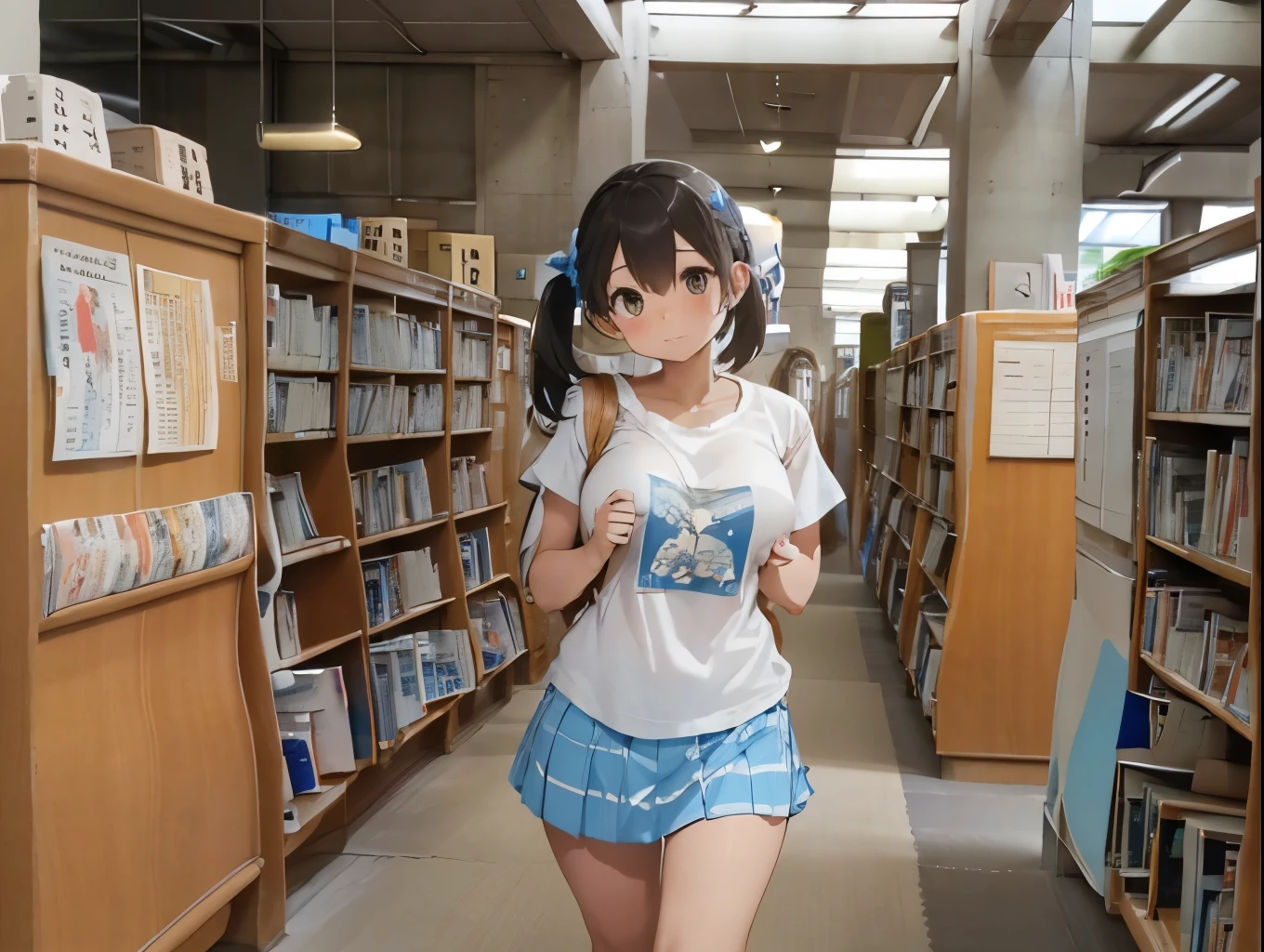 A white Y-shirt that emphasizes her breasts and a blue and white striped miniskirt、Cute white frilly underwear、barefoot、library