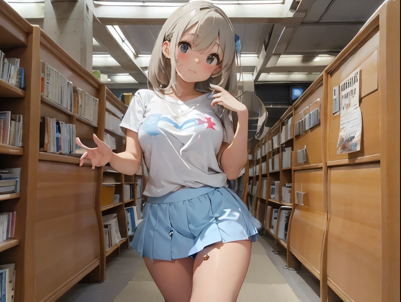 A white Y-shirt that emphasizes her breasts and a blue and white striped miniskirt、Cute white frilly underwear、barefoot、library