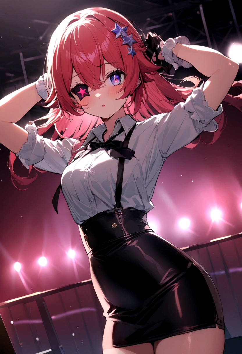 1girl, solo, best quality, masterpiece , Ruby Hoshino, hair ornament, sparking eyes, star on eye, (star on right eye:1), shirt, pencil skirt, stocking, (concert1), on the stage