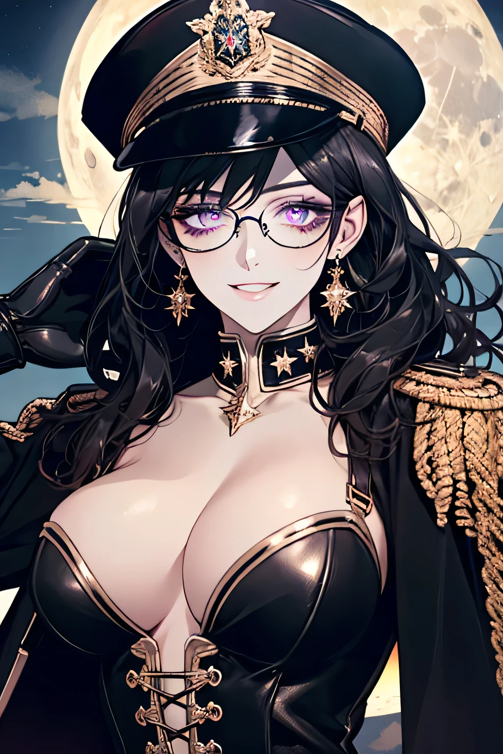 ( Detailed Description, High resolution，8k wallpaper，, masterpiece，highest quality,Depth of region)，Chest and face shot.                                                                     Beautiful young woman、so beautiful、Anatomically accurate depiction，Black Hair，Facial details、Glasses、Gold earrings in the ears，(Provocative smile),Lilac eyes，（She is wearing a black military cap..，Black military jacket、Black Leather Gloves）、(Big Breasts)、Cleavage，Accurate hand drawing.                          Full moon in the background，night，building.