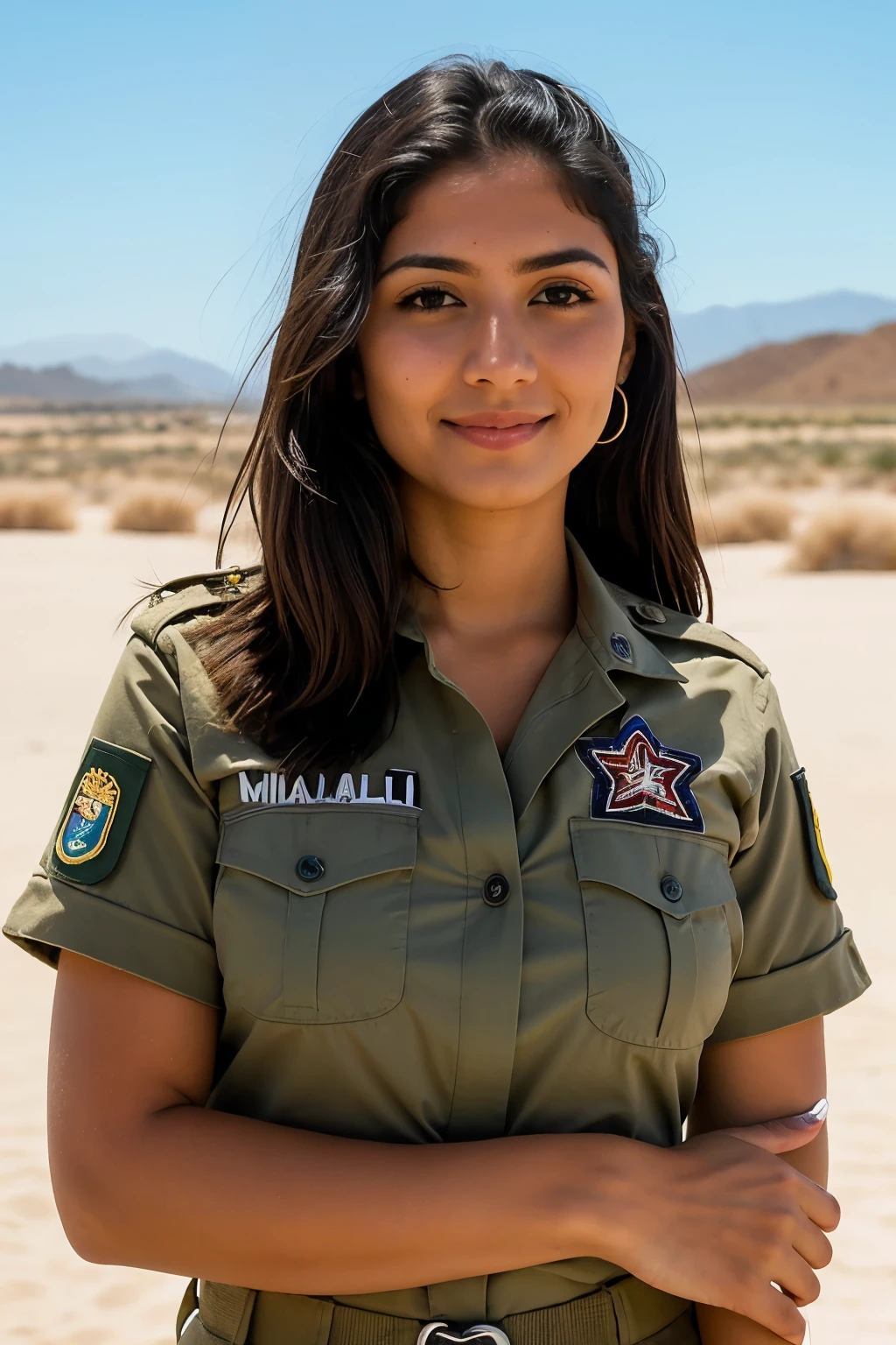 ((mejor calidad)), ((obra maestra)), (detallado), 1 chica ,la chica MULATA pelo rizado ojos color marrones claro , uniforme militar