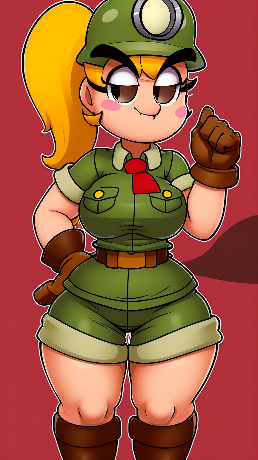 Goombella, mining helmet, blonde hair, ponytail, blush stickers, black eyes, thick eyebrows, khaki short jumpsuit, red tie, short sleeves, brown gloves, zettai ryouiki, wide hips, side locks, brown boots, thighs, khaki short shorts, large breasts