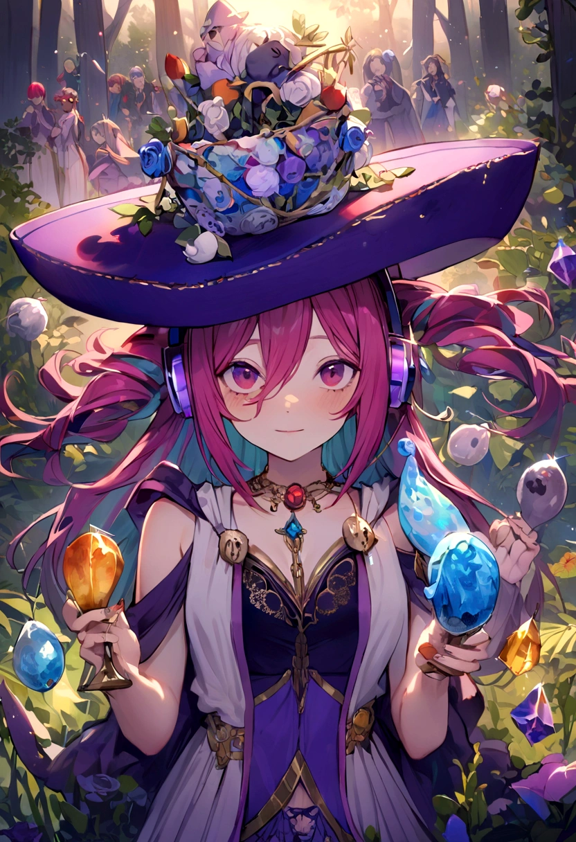Mujer, cuerpo sexy, wearing a purple robe, sombrero de copa morado, agarrando una bola de cristal, ojos azules, blue helmet headphones on his shoulders, cabello rojo, sonriendo, de fondo dice nombre miku nakano, parada en un bosque, la luz de luna de fondo