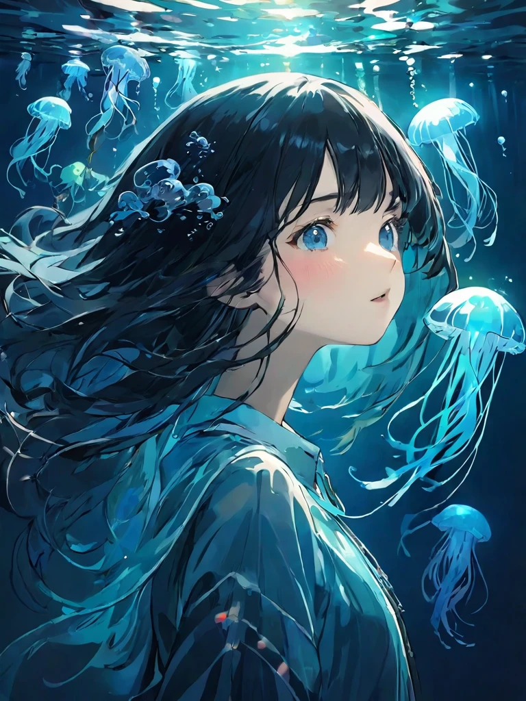 highest quality、masterpiece、High resolution、8k、Pitch blackの静寂を演出、Wallpaper Art、Very detailed_face_eye、非常に繊細なfaceと肌の質感、Woman looking around、pretty girl、Jellyfish floating in the air、Blue glowing jellyfish、Fluorescent jellyfish、Mystical Expressions、Pitch black、The only light source is a jellyfish、Colorful fish、Fish swimming、