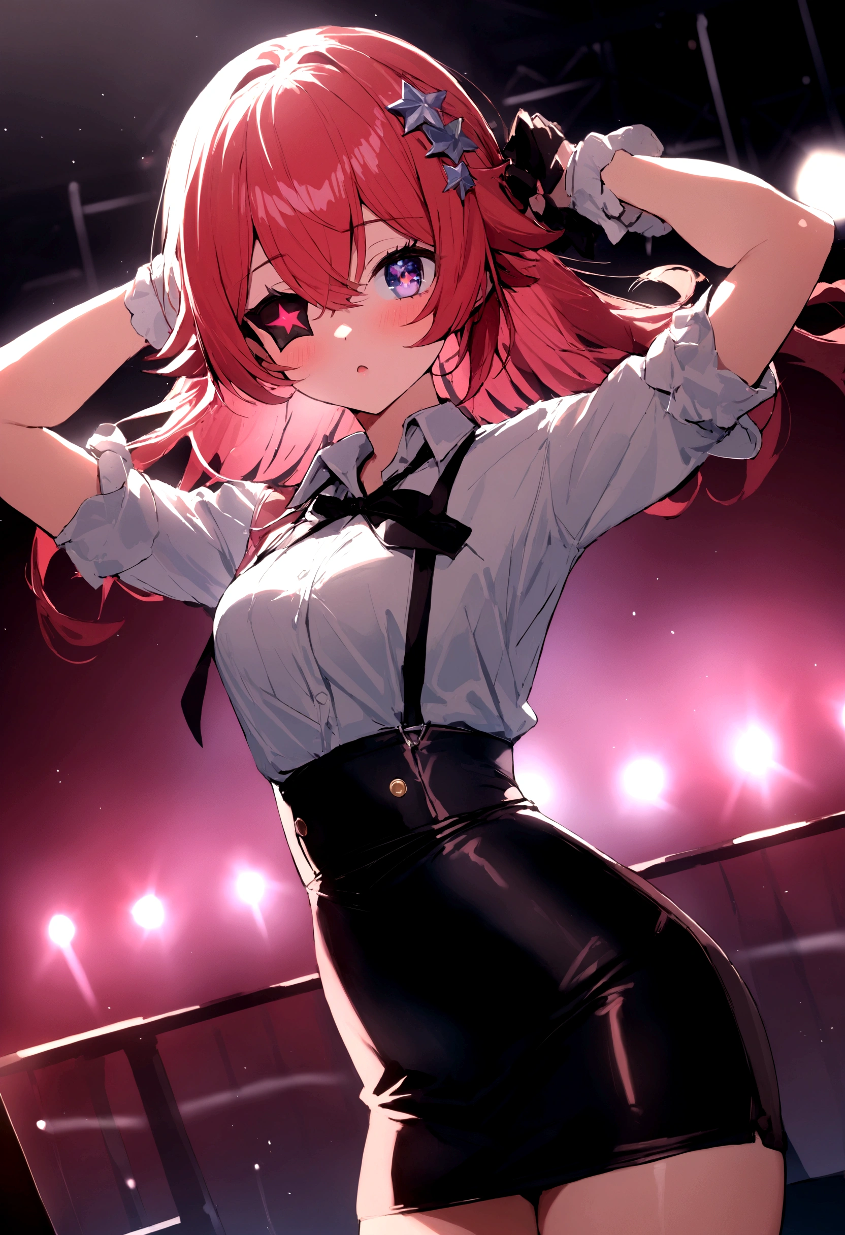 1girl, solo, best quality, masterpiece , Ruby Hoshino,  hair ornament, sparking eyes, star on eye, (star on right eye:1), shirt, pencil skirt, stocking, (concert1), on the stage