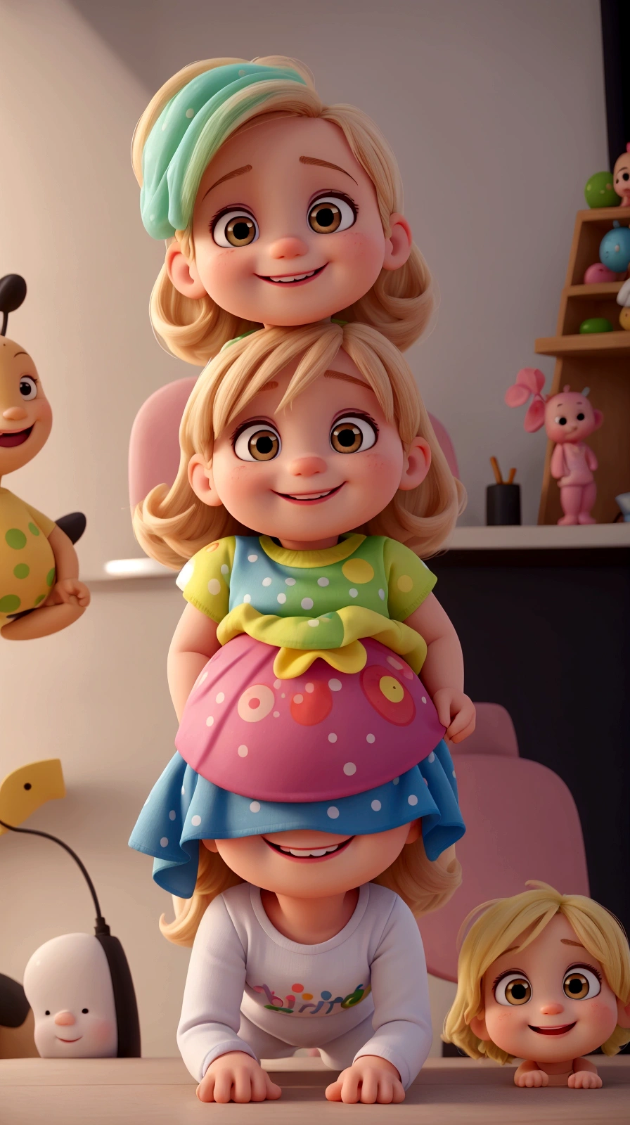 there is a baby that is on a table with a man, cute colorful adorable, she is smiling and excited, ela tem um rosto fofo e expressivo, she is smiling and happy, ela expressando alegria, ela tem um rosto fofo, sorria no rosto dela,