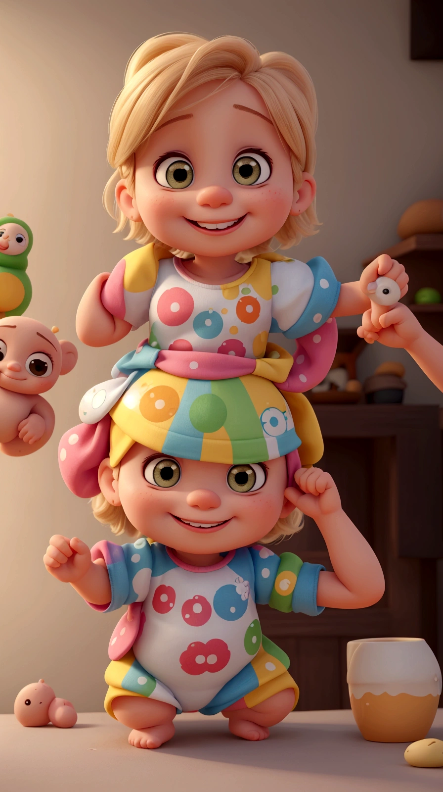 there is a baby that is on a table with a man, cute colorful adorable, she is smiling and excited, ela tem um rosto fofo e expressivo, she is smiling and happy, ela expressando alegria, ela tem um rosto fofo, sorria no rosto dela,