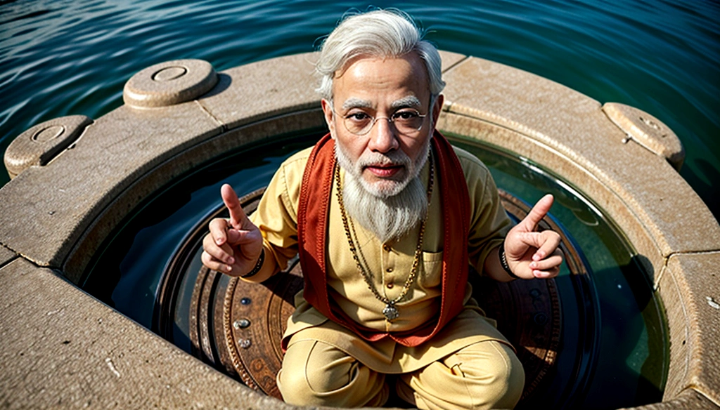 Camera from above. President Modi sitting on a lotus with two hands in the air, 3 divindades da primavera, deus indiano, deus hindus, narasimha, deus hindu, Deus da riqueza, divindade masculina atraente, Hinduism, hindu estética, Hindu stages of meditation, sitting on a lotus flower, wise old indian guru, puṣkaracūḍa