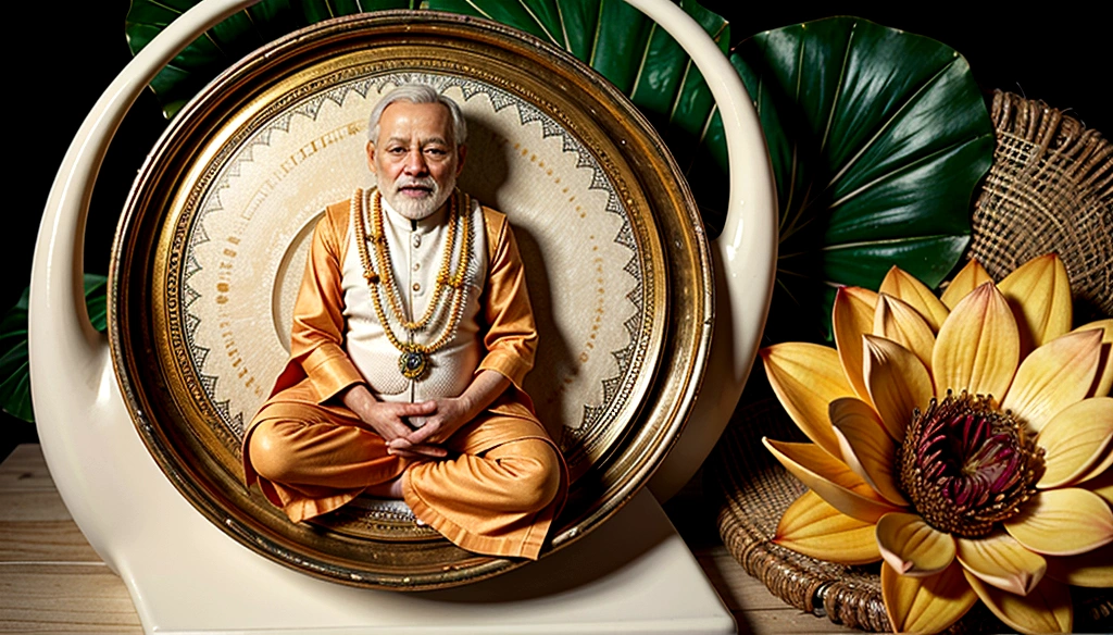 Camera from above. President Modi sitting on a lotus with two hands in the air, 3 divindades da primavera, deus indiano, deus hindus, narasimha, deus hindu, Deus da riqueza, divindade masculina atraente, Hinduism, hindu estética, Hindu stages of meditation, sitting on a lotus flower, wise old indian guru, puṣkaracūḍa
