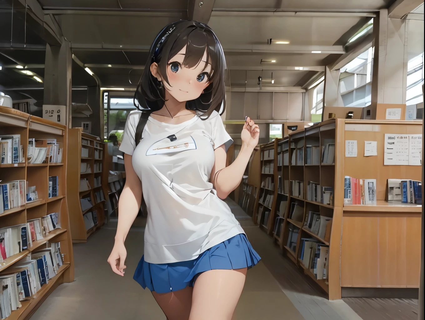 Plain white with breasts highlightedTshirt、Ultramarine and white striped mini skirt、White frilly cute underwear is visible when the skirt is lifted、barefoot、library