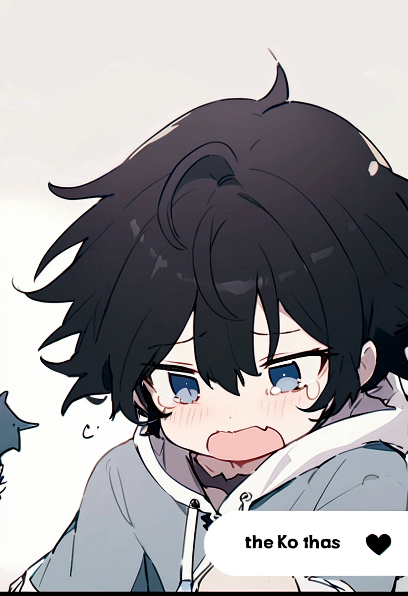 An adorable Young boy with messy black hair and beautiful eyes with long eyelashes sobbing while wearing a shark custome