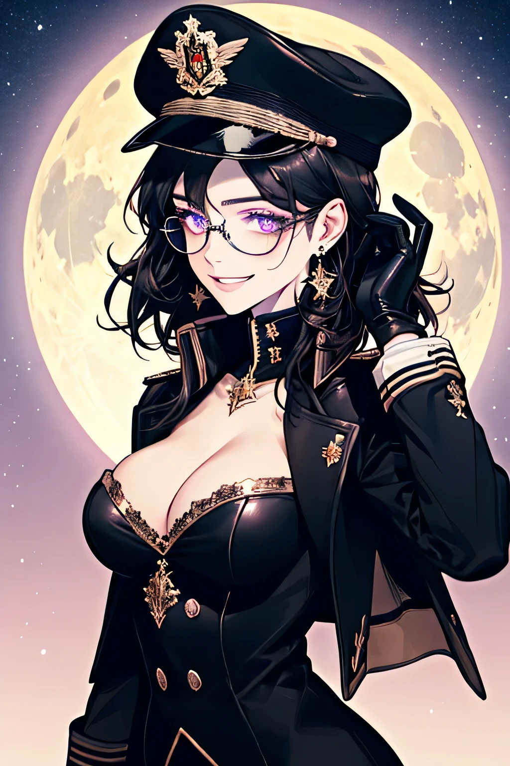 ( Detailed Description, High resolution,8k wallpaper,, masterpiece,highest quality,Depth of region),Chest and face shot. Beautiful young woman、so beautiful、Anatomically accurate depiction,Black Hair,Facial details、Glasses、Gold earrings in the ears,(Provocative smile),Lilac eyes,(She is wearing a black military cap..,Black military jacket、Black Leather Gloves)、(Big Breasts)、Cleavage,Accurate hand drawing. Full moon in the background,night.