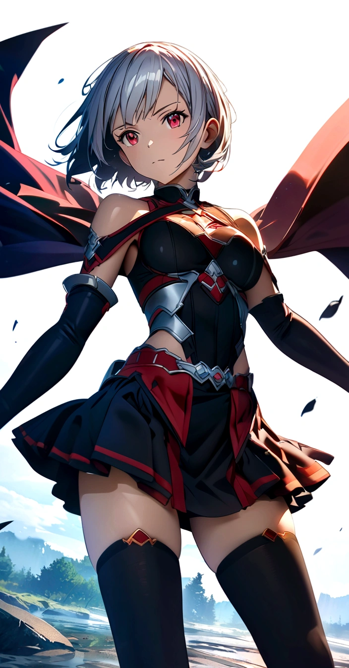 perfect proportion body, sexy, smart, Short Hime Hair Cut, White Hairs, Red Eyes, wearing a handless purple plain casual cloth, skirt, long black gloves, and thigh-high stockings, Anime Style, Sword Art Online Art Anime Style, HDR, highly detailed, 8k, masterpiece, digital painting, vibrant colors, dramatic lighting, dynamic composition, intricate details, White plain background.