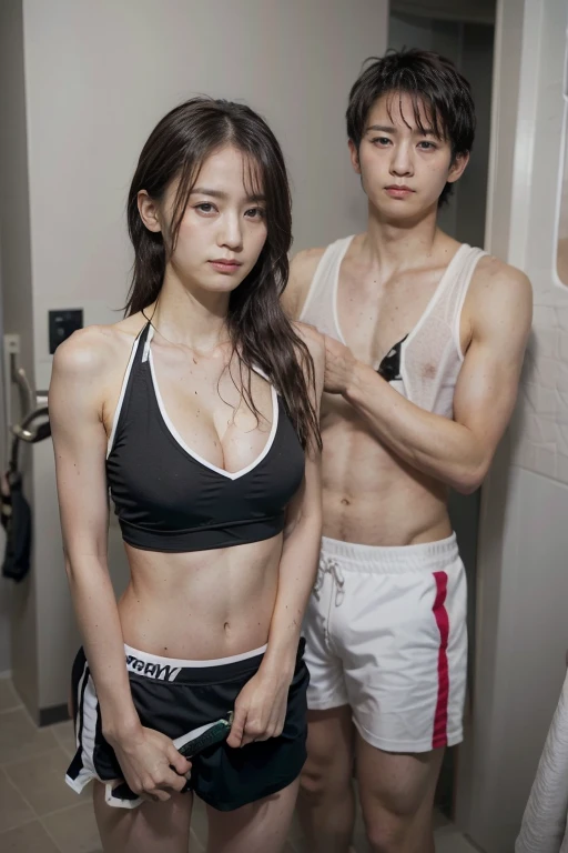Night,A boy and a girl standing together,In the Shower,Long-range shooting,(Original Photography:1.3),athlete,1 Girl, Perfect body, Beautiful face,Very detailed details of the face,Messy black hair, Smart eyes,Sweating,Cleavage,Sexy bulge,Track and field wear, sports Shorts,Long legs,sports shoes,Soaked,Standing,Lift up your skirt
