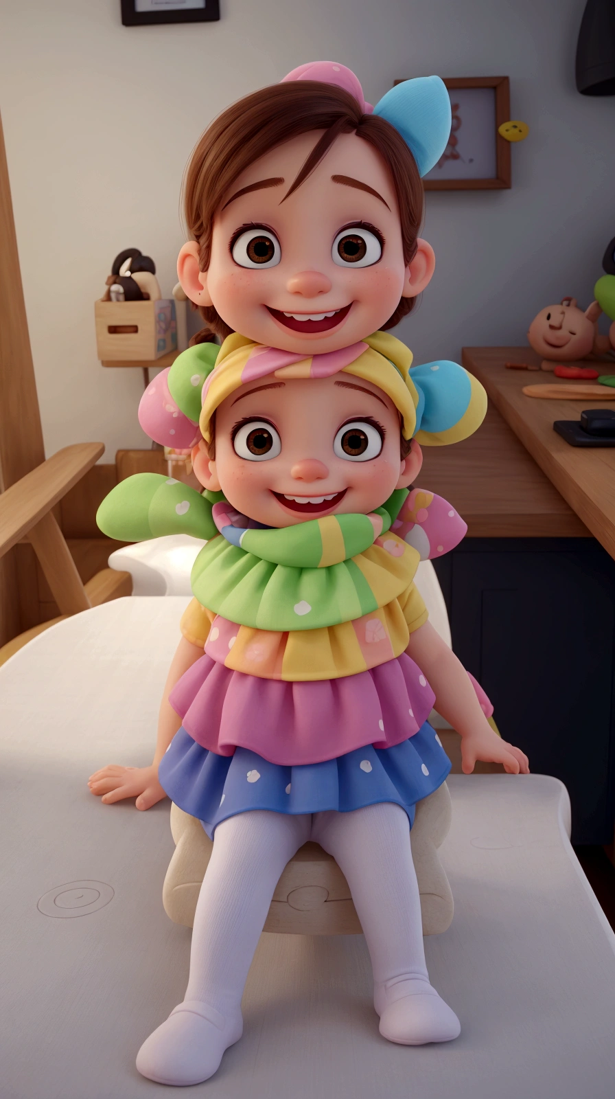 there is a baby that is on a table with a man, cute colorful adorable, she is smiling and excited, ela tem um rosto fofo e expressivo, she is smiling and happy, ela expressando alegria, ela tem um rosto fofo, sorria no rosto dela,