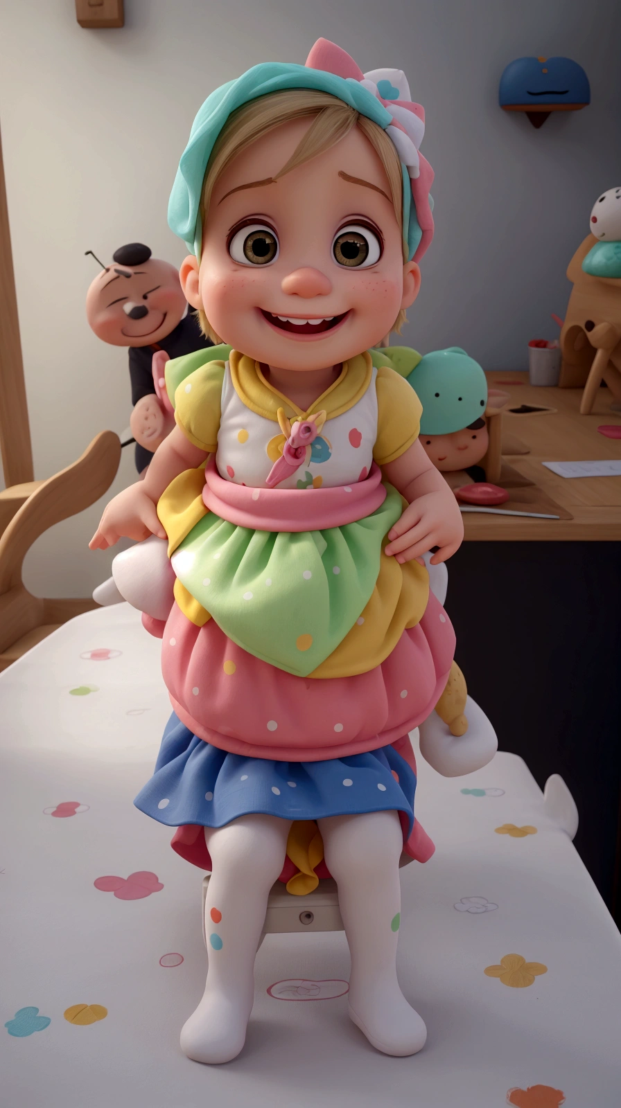there is a baby that is on a table with a man, cute colorful adorable, she is smiling and excited, ela tem um rosto fofo e expressivo, she is smiling and happy, ela expressando alegria, ela tem um rosto fofo, sorria no rosto dela,
