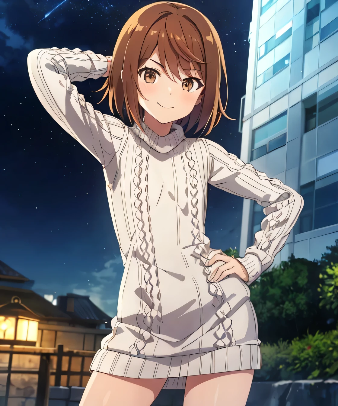 1girl, (shapely body), solo, hdr, saiai kinuhata, solo, short hair, brown hair, brown eyes, jewelry, sweater, solo focus, solo, night sky, beach, arm behind head, hand on hip, contrapposto, spread armpits, closed mouth, smile, (cowboy shot:1.5), looking at viewer, v, white sweater, sweater dress, flat chest,