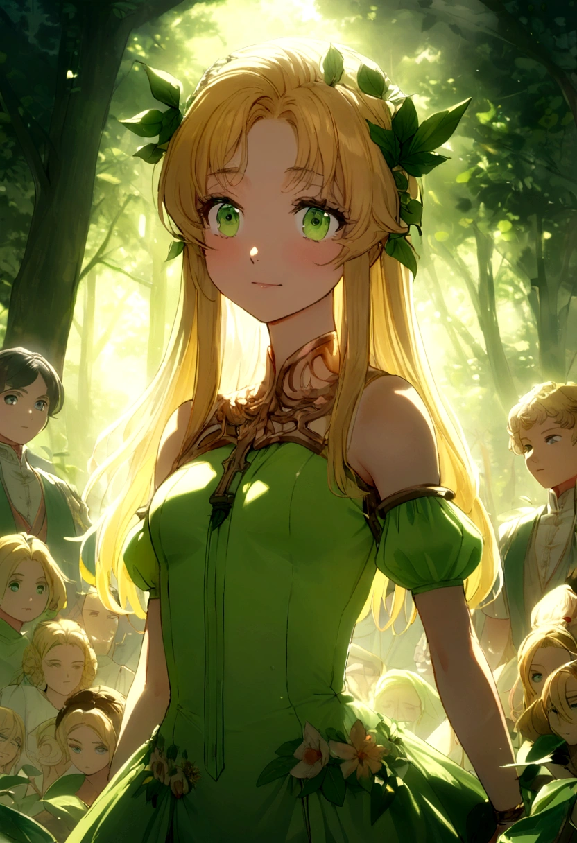24 anos, soft lighting, protetora da natureza, olhos verde claros, long yellow hair with green gradient, de frente, elfa, natureza, floresta