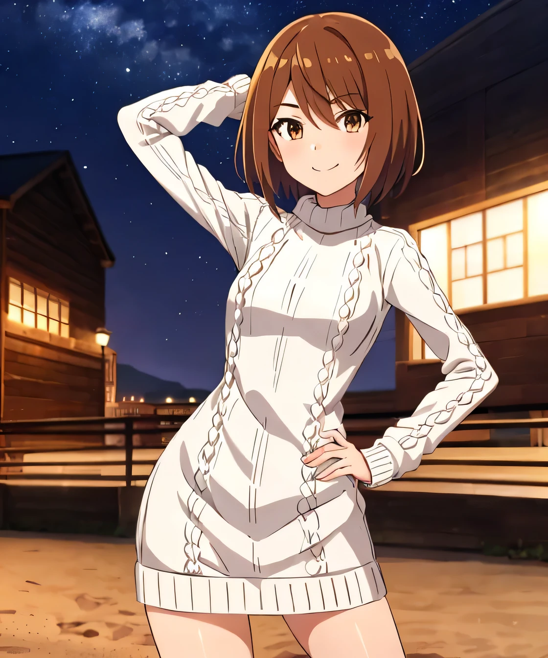 1girl, (shapely body), solo, hdr, saiai kinuhata, solo, short hair, brown hair, brown eyes, jewelry, sweater, solo focus, solo, night sky, beach, arm behind head, hand on hip, contrapposto, spread armpits, closed mouth, smile, (cowboy shot:1.5), looking at viewer, v, white sweater, sweater dress, 